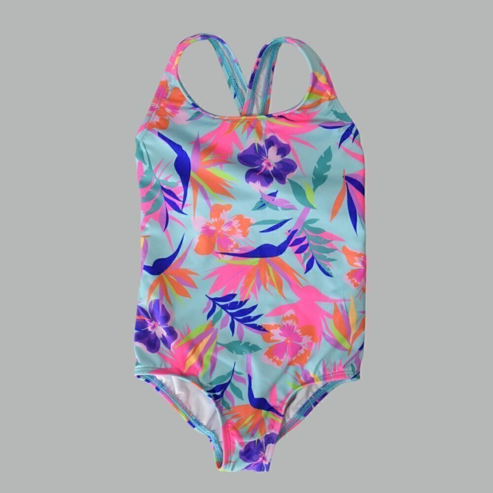 LANDS' END GIRL'S AQUA TROPICAL ONE-PIECE SWIMSUIT UPF 50